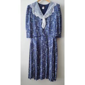 Vintage Liz Petites Inc Blue Lace Collar Dress Size 14 Spring Modest